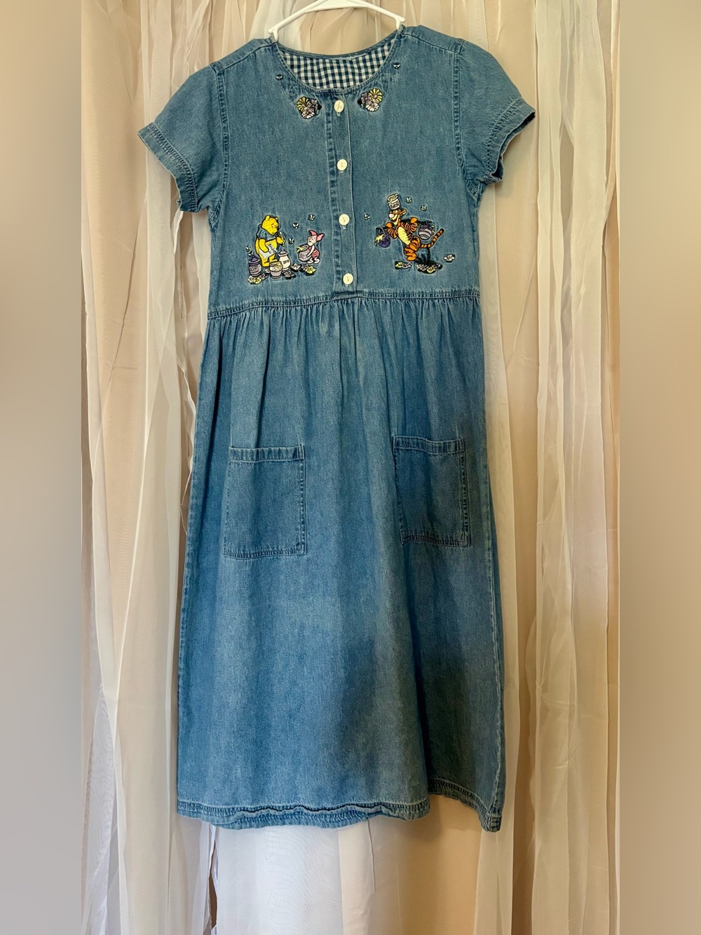 Rare Vintage Winnie The Pooh Denim Midi Dress with Embroidered Piglet and Tigger